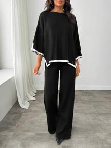 RueChic Conjunto casual de suéter holgado de punto con mangas de murciélago y pantalones en talla grande para mujer