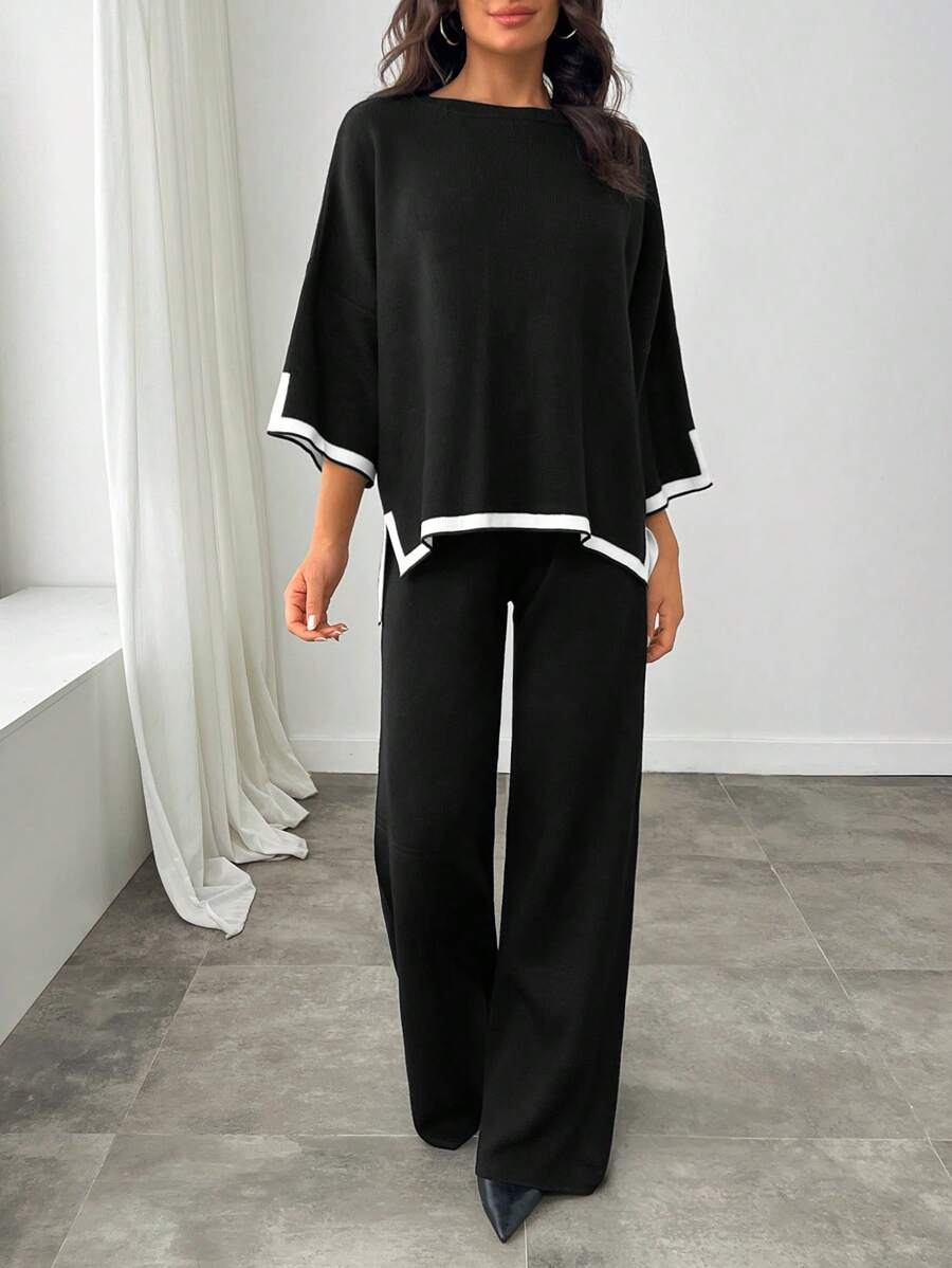 RueChic Conjunto casual de suéter holgado de punto con mangas de murciélago y pantalones en talla grande para mujer