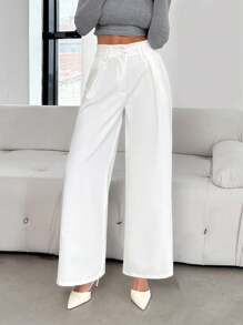 EURMUSE WOMEN TALL BELTED DETAILED WIDE LEG PANTS - White - View 3