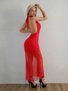 EgrlEra Women's Sexy Valentine's Day Party Sheer Red Mesh Deep V Ruched Drawstring High Slit Dress - Red - View 2