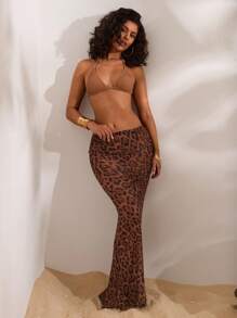 Opulessa Women's Sexy Leopard Print Maxi Cover Up High Slit Skirt, Beach Casual,Vacation,Summer Holiday,Vacation,Elegant,Going Out,Party,Beach,Mermaid, Bohemian Outfits, Ibiza Outfits, Western Style - Brown - View 4