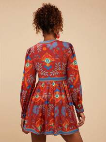 Travachic Floral Print Long Sleeve Graphic Shirt Dress For Women, Dress - Red - View 2