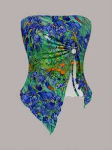 SHEIN MOD Casual Drawstring Asymmetrical Hem Body-Hugging Halter Top With Vintage Van Gogh Painting Print