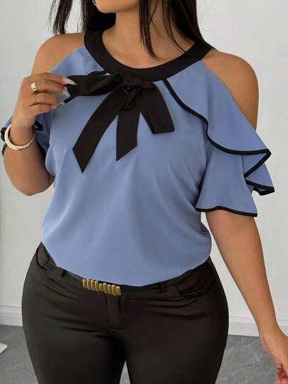 Elenzga Blusa elegante de manga corta con bloques de color y recortes calados para mujeres