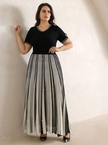 Anewsta Váy len xếp ly sợi bóng thanh lịch cỡ lớn cho nữ, mùa xuân, lễ hội - Đen và trắng - Xem 4