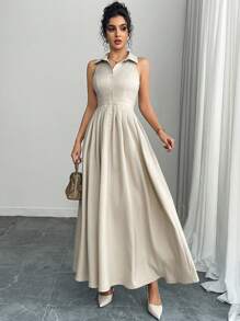 Chiquease Women Elegant Pleated Sleeveless Collared Dress