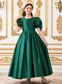 SHEIN Tween Girl Elegant Rhinestone Hollow Butterfly Decor Cinched Waist Ruched Maxi Poplin Satin Formal Dress - Green - View 2