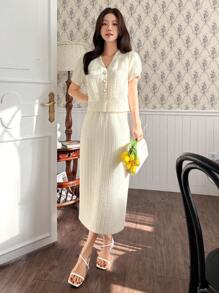 DAZY 2pcs Women Solid Color V-Neck Puff Sleeve Knit Top And Skirt Set - Yellow - View 1