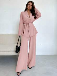 Firerie 女士优雅休闲度假通勤办公室经典领口系带宽松紧身衣和高腰休闲裤