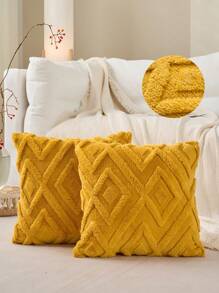 两件套蓬松奶油白色抱枕套 18x18，柔软棋盘格图案装饰波西米亚风抱枕套，沙发床客厅农舍靠垫套，现代风格，秋季装饰，秋季装饰，房间装饰 - 黃色 - 查看 1
