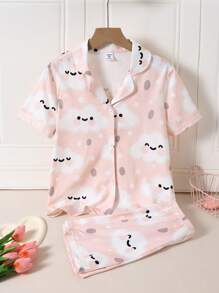 2pcs Tween Girl Cloud Pattern Allover Print Short Sleeve T-Shirt And Shorts Flame Retardant Homewear Set - Pink - View 3