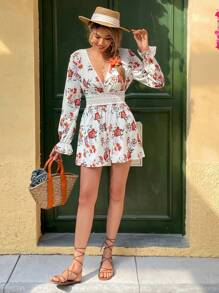 Chiquease Mono elegante y de moda para mujer, informal y festivo, con mangas acampanadas y volantes, diseño de patchwork, corte holgado para primavera/verano - Blanco - Ver 6