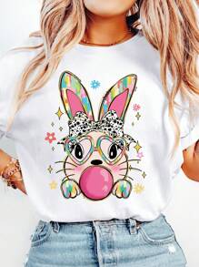 SHEIN LUNE Plus Size Women Cartoon Rabbit Print Round Neck Short Sleeve Casual Loose T-Shirt