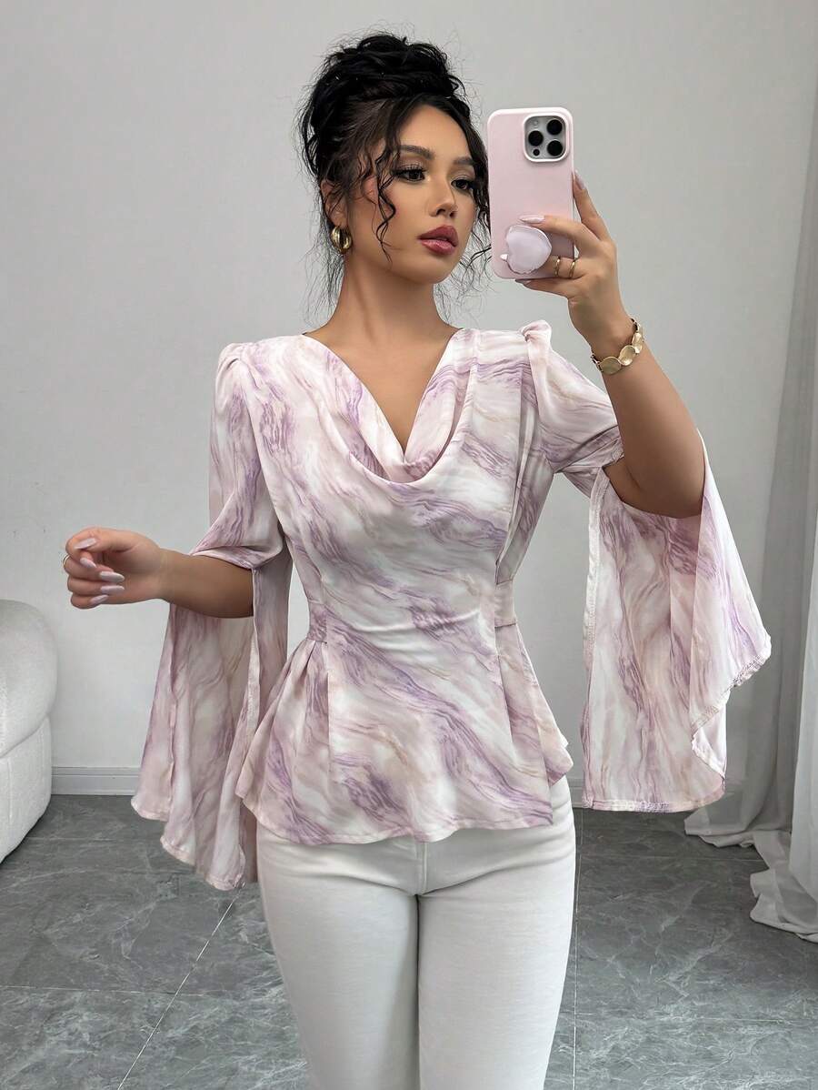 Modelyn Women Loose Purple Long Sleeve Tie Waist Blouse Fall Cloth For Women - Purple - View 1