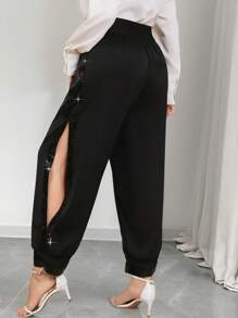 SHEIN Clasi Plus Size Sequins Patchwork Side Slit Tapered Pants - Black - View 1