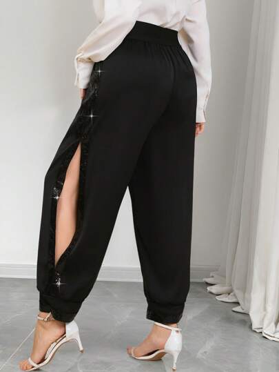 SHEIN Clasi Plus Size Sequins Patchwork Side Slit Tapered Pants