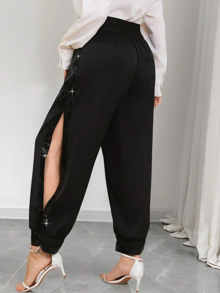 SHEIN Clasi Plus Size Sequins Patchwork Side Slit Tapered Pants - Black - View 1