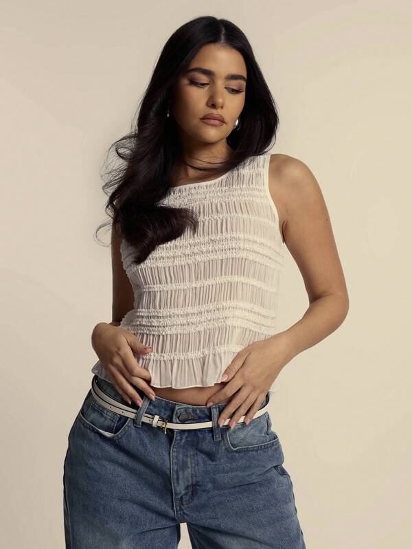 MUSERA Top de tirantes con cuello de barco, tejido fruncido y volante en el dobladillo, de estilo veraniego, de primavera, lindo, suave y transparente, ideal para vacaciones en Ibiza y estilos occidentales