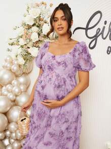 Loomaby Vestido casual largo con estampado floral, de manga corta y cuello de corazón para embarazadas - Morado - Ver 4
