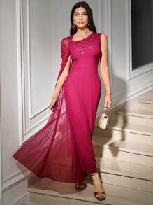 Modelyn Women's Mesh Patchwork 3D Flower Decor Casual Long Dress - Red Violet - View 2