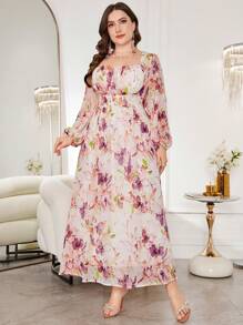 Modelyn Plus Size Women Stylish Elegant Placement Print A-Line Cinched Waist Midi Dress For Spring - Multicolor - View 6