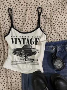 Attitoon Women's Casual Sexy Spaghetti Strap Skinny Black & White Splice Camisole Top, Vintage Car Graphic, Contrast Trim Back To School