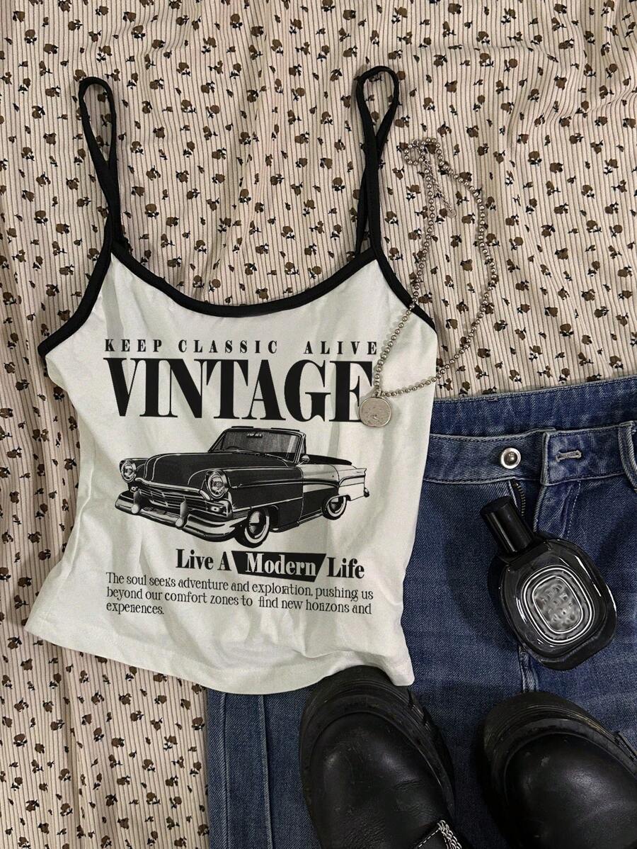 Attitoon Women's Casual Sexy Spaghetti Strap Skinny Black & White Splice Camisole Top, Vintage Car Graphic, Contrast Trim Back To School