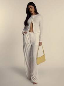 MUSERA Soft Ribbed Crew Neck Button Down Long Sleeve Top Spring  Spring Cute ,Elegant - White - View 4