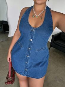 Vestido mini ajustado sin mangas de mezclilla talla grande, azul - Azul - Ver 6