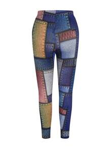 SHEIN LUNE Plus Size Women Casual Fashion Denim Effect Leggings