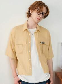 Manfinity VCAY Regular Fit Men's Casual Loose Cargo Pocket Short Box Cut Linen Shirt - Yellow - View 5