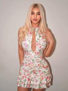 Sweetina Floral Print Hollow Neck Backless Ruffle Hem Mini Dress - Pink - View 1