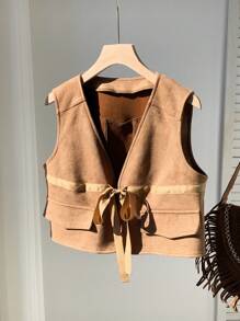 SHEIN EZwear Veste de gilet casual pour femmes avec décoration de nœud en couleur unie