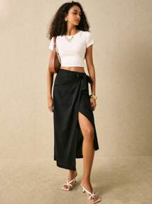 Poéselle 素色圍裹側打結半身裙 - 黑色 - 查看 4