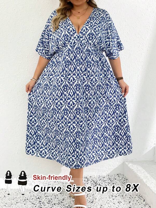 SHEIN CURVE+ Vestido de verano con cuello en V y mangas cortas con estampado geométrico para mujer de talla grande, elegante para vacaciones en la playa, resort costero, estilo chino boho boho vacacional