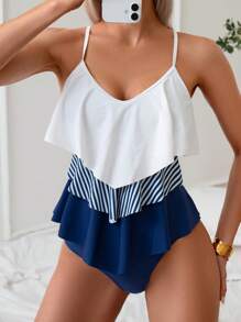 SHEIN Swim Lushore Women's Summer Beach Ruffled Striped Tankini 2 Pieces Swimwear Set Vacation - Blue and White - View 3