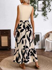 Breezaya Vestido maxi estampado de primavera y verano (vestido de punto de línea A de longitud media sin mangas con estampado de hojas de bádminton) Ropa de playa de vacaciones para mujeres - Albaricoque - Ver 2