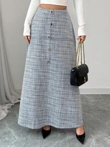 Modelyn Women's Elegant Woven Tweed Button A-Line Skirt