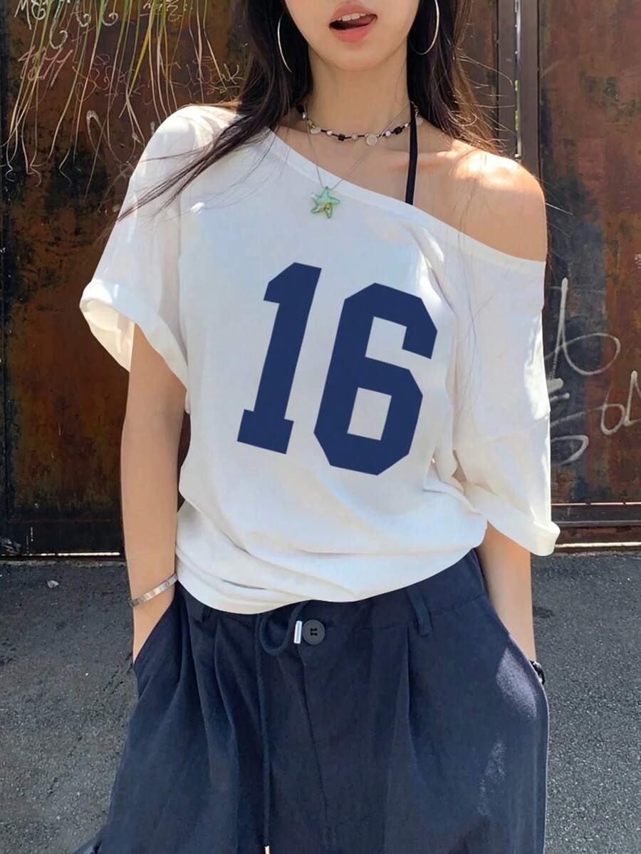 INAWLY 女士数码印花圆领可变肩短袖 T 恤，夏季图案 T 恤女式上衣 - 白色 - 查看 1