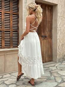 Breezaya Lace Decor V-Neck Beach Dress For Women - White - View 2