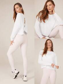 GLOWMODE Tee-shirt oversize à manches longues en modal avec dos à encolure dégagée, yoga à faible impact, décontracté quotidien