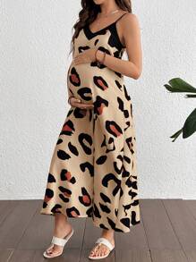 Pregnant Women Leopard Print V-Neck Long Dress Maternity Dress - Baby Pink - View 1
