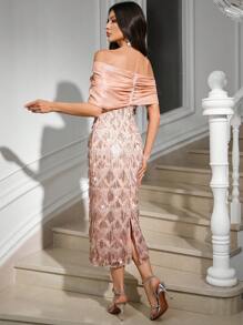 Modelyn Women Elegant Banquet Orange Pink Organza Bow One-Line Shoulder Mesh Bead Embroidered Dress  Summer Clothes  Wedding Guest Dress Women