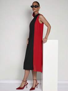 COSMINA Black & Red Contrast Color Midi Dress, Elegant Occasion Wear, Western Wear For Women, Petite Size, Sexy, Extra Long, Summer Outfits For Women - Multicolor - View 4