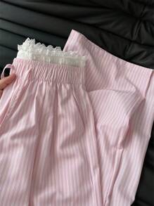 SHEIN Essnce Pink Pants Valentines Clothes Women's Casual Contrast Waistband Striped Wide Leg Pants