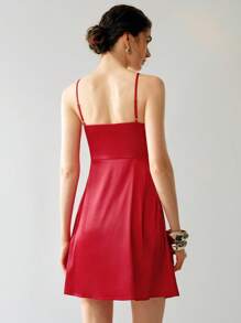 Elenzga 时尚编织缎面细肩带优雅婚礼季女式短裙 - 紅色 - 查看 2