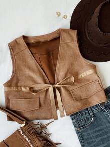 SHEIN EZwear Veste de gilet casual pour femmes avec décoration de nœud en couleur unie