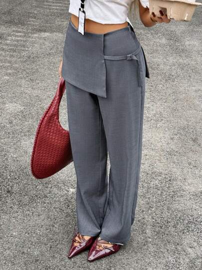 Siren Gaze 修身高腰双层设计灰色女式裤子，通勤办公长裤