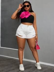 SHEIN SXY Plus Size Women Distressed Pockets Raw Hem Casual Denim Shorts