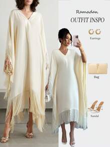 Elenzga Đầm midi tua rua tua rua màu trơn cổ chữ V cho nữ tay cánh dơi - Màu be - Xem 4